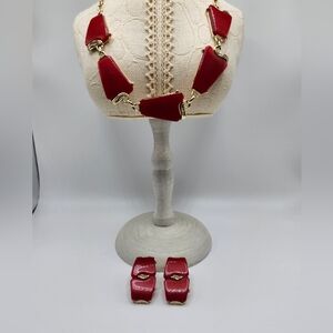 Red Thermoset gold tone necklace and earrings set Parure.  VG condition.